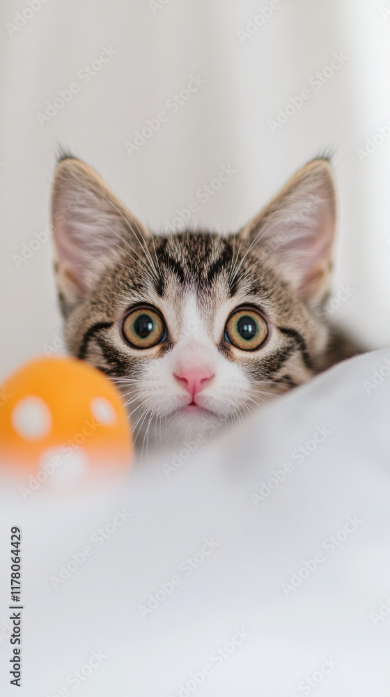 Curious kitten with wide eyes and orange polka dot ball in minimalist studio setting Curious kitten with wide eyes and orange polka dot ball in minimalist studio setting