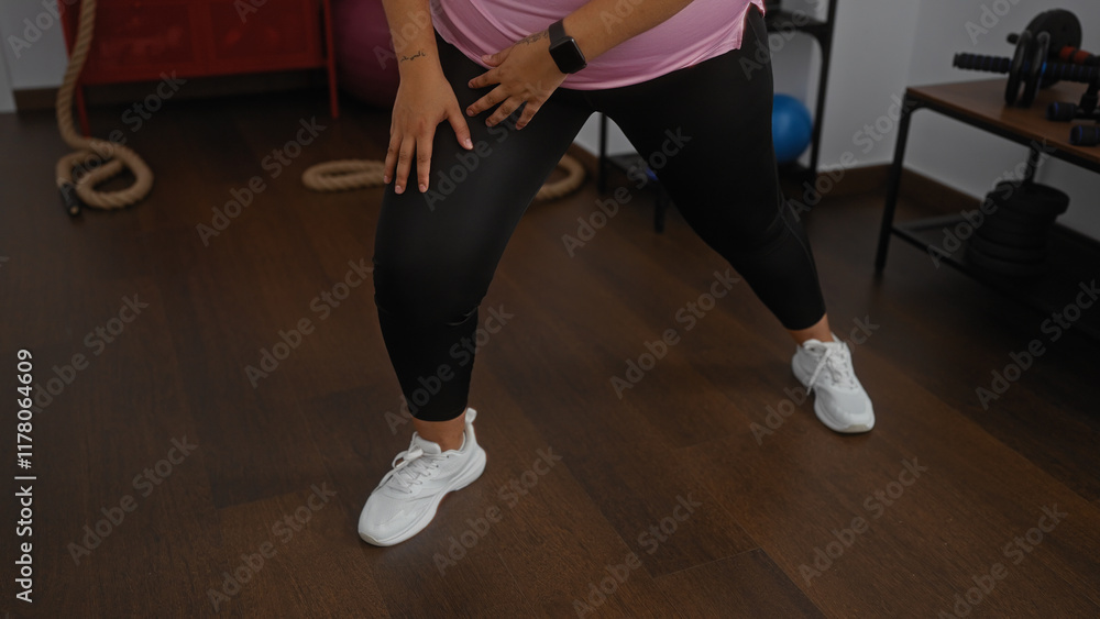 Naklejka premium Young plus size woman exercising indoors at the gym, focusing on her leg workout while wearing black leggings and white sneakers