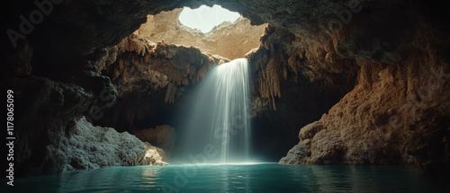 Cascading waterfall flows into serene pool within a natural cave