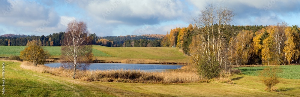 autumn view of pond with autumn forest landscape autumn view of pond with autumn forest landscape