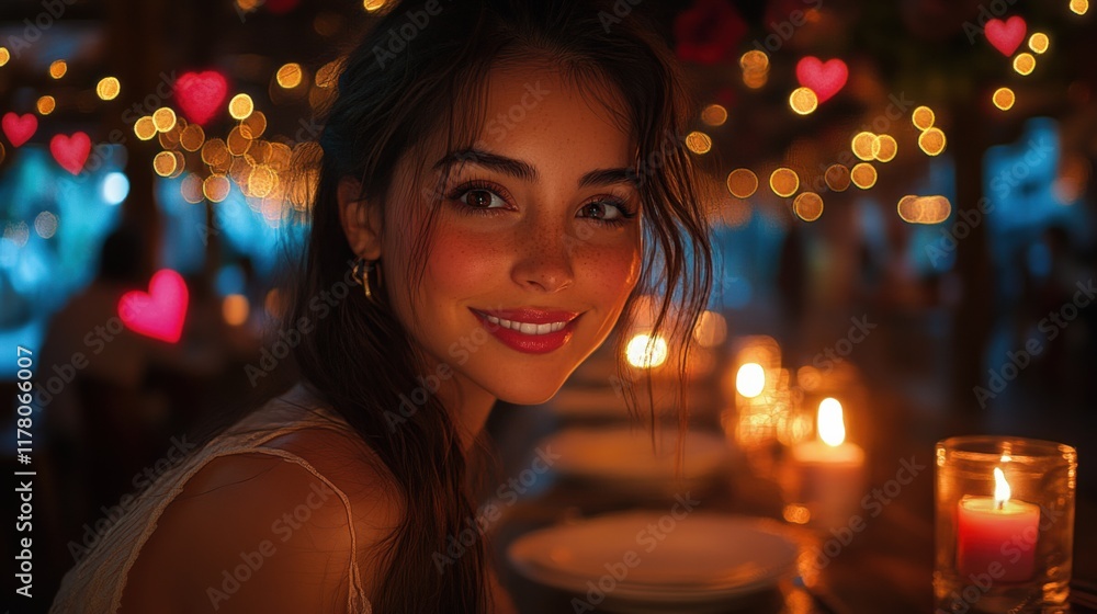 Romantic Dinner Setting With Smiling Woman Among Soft Lighting and Heart Decorations. Generative AI Romantic Dinner Setting With Smiling Woman Among Soft Lighting and Heart Decorations. Generative AI