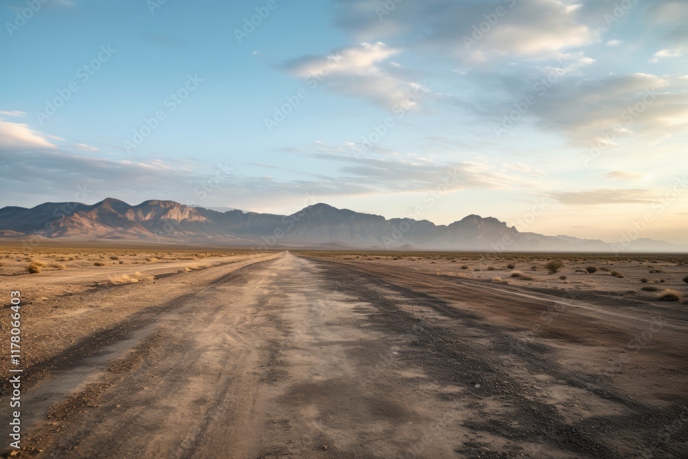 Expansive desert road at dawn tire tracks stretching into the unknown amidst mountainous backdrop Expansive desert road at dawn tire tracks stretching into the unknown amidst mountainous backdrop