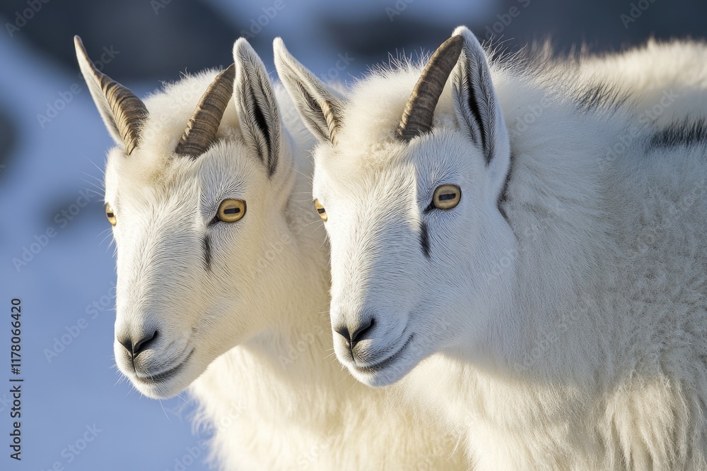 Two mountain goats standing together in a snowy landscape Two mountain goats standing together in a snowy landscape