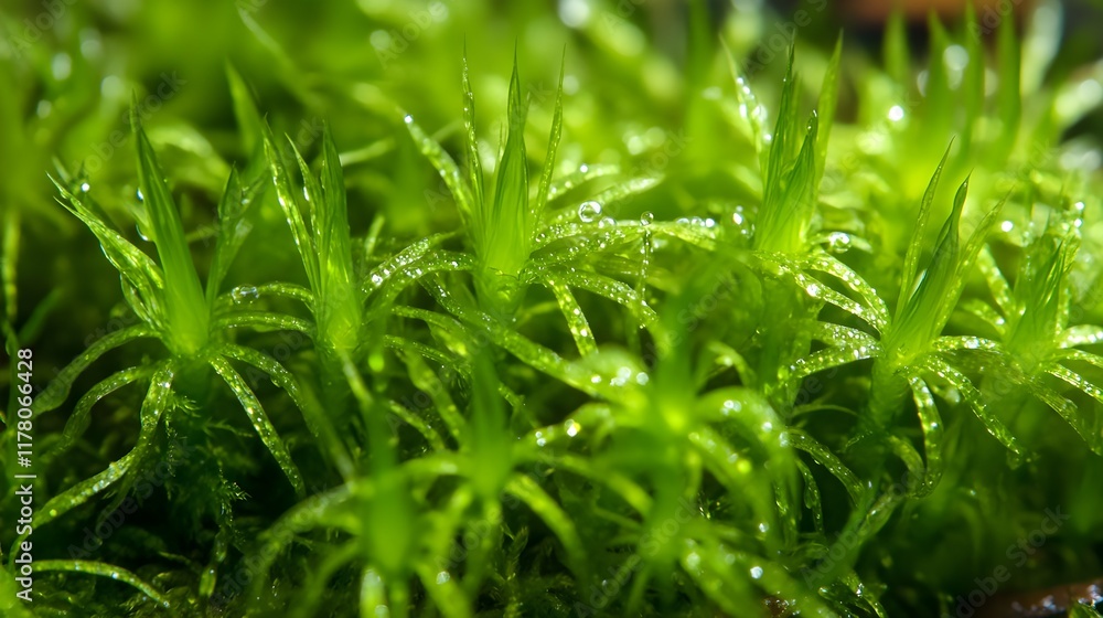 Close-Up of Vibrant Green Moss with Dewdrops Close-Up of Vibrant Green Moss with Dewdrops