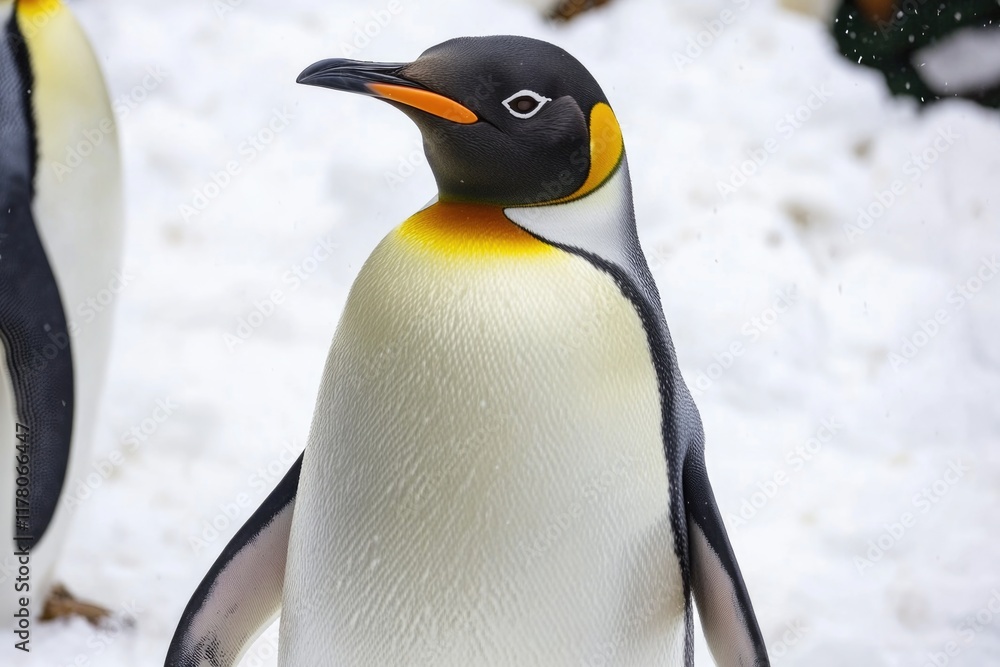 Obraz premium Two penguins stand together in snowy environment, ideal for winter scenes or animal-themed projects