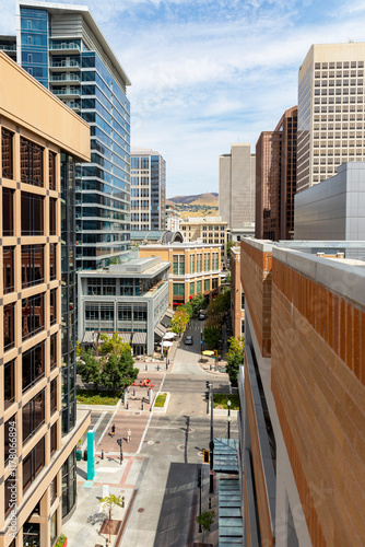 Salt Lake City Utah City downtown skyline street overhead view 