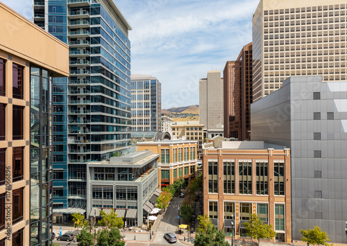 Salt Lake City Utah City downtown skyline street overhead 