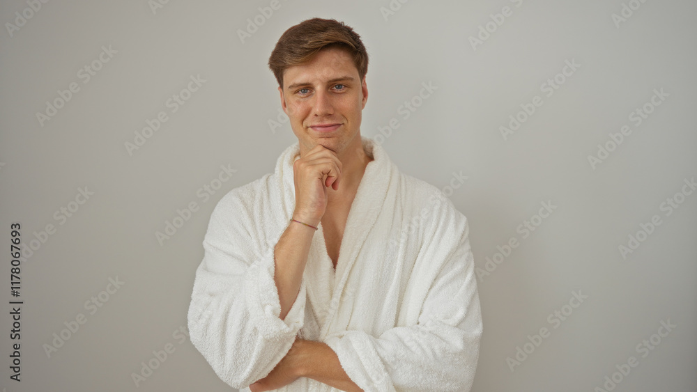 Young man in a white bathrobe posing thoughtfully with hand on chin against an isolated white background adding a touch of attractive simplicity to the portrait Young man in a white bathrobe posing thoughtfully with hand on chin against an isolated white background adding a touch of attractive simplicity to the portrait