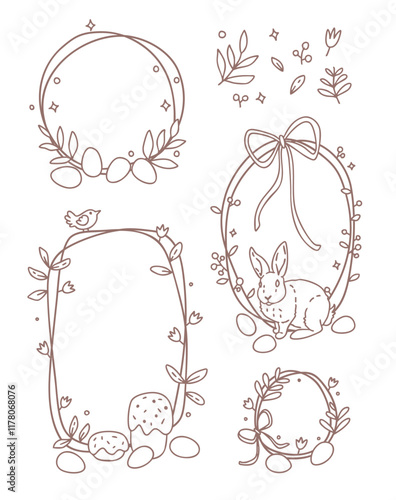 vector outline set of vintage drawn frames with different Easter attributes