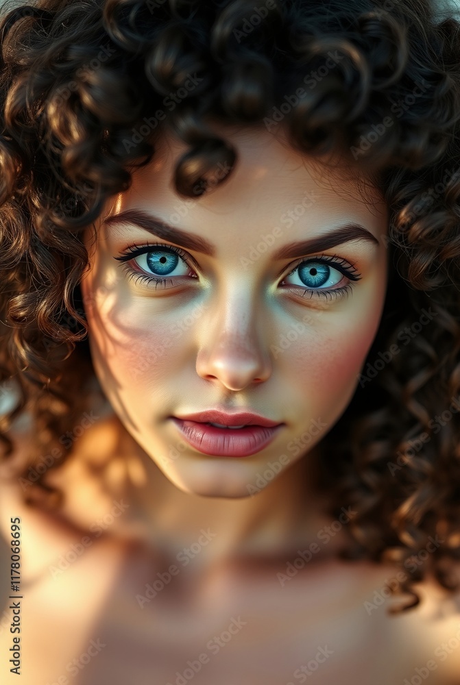 Close-Up Portrait of a Young Woman with Curly Hair and Expressive Blue Eyes Close-Up Portrait of a Young Woman with Curly Hair and Expressive Blue Eyes