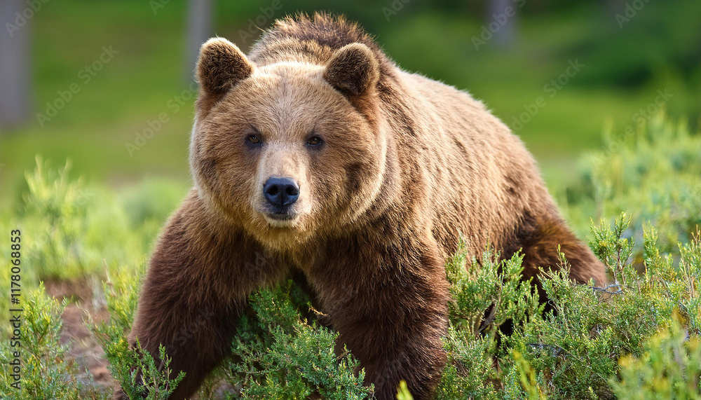 Brown fluffy bear in sunny green meadow. Wild animal. Brown fluffy bear in sunny green meadow. Wild animal.