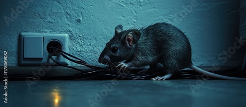 Rat gnawing on electrical wires near a wall outlet.