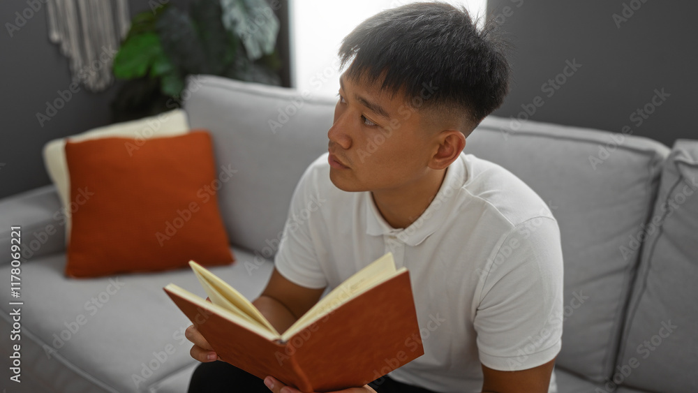 Handsome young asian man reading a book while sitting in a cozy living room with a grey sofa and an orange pillow Handsome young asian man reading a book while sitting in a cozy living room with a grey sofa and an orange pillow