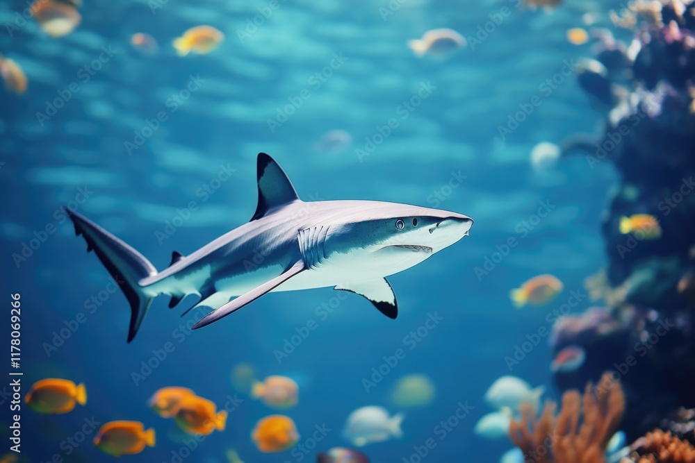 Obraz premium A great white shark swims through the ocean surrounded by schools of fish