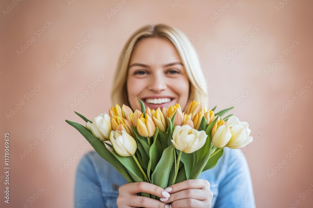 Young woman smiles joyfully while holding a colorful bouquet of tulips against a soft pink background in a studio setting Young woman smiles joyfully while holding a colorful bouquet of tulips against a soft pink background in a studio setting