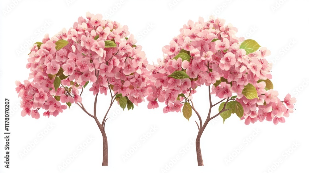 Pink flowering trees, digital illustration, white background, spring design Pink flowering trees, digital illustration, white background, spring design
