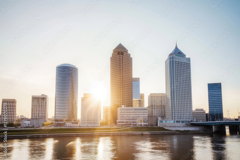 Sunset casts soft light over Rochester's skyline along the river in Minnesota during summer Sunset casts soft light over Rochester's skyline along the river in Minnesota during summer