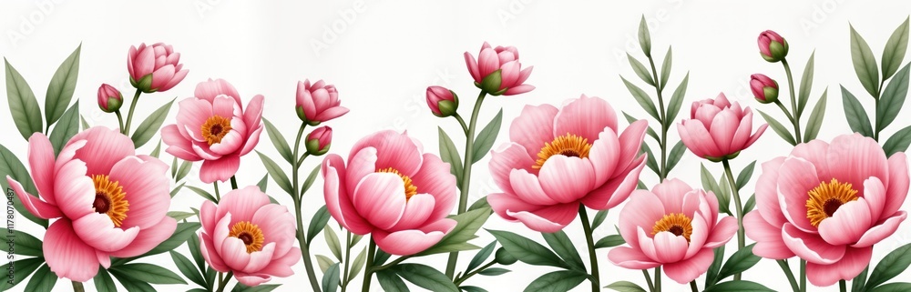 Naklejka premium Beautiful pink peony flowers in watercolor style. Floral illustration set with transparent background. Hand drawn botanical design with green leaves, flower buds. Perfect for cards, invitations,