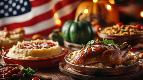 Roasted turkey, mashed potatoes, and cranberry sauce on a Thanksgiving table with an American flag. photo