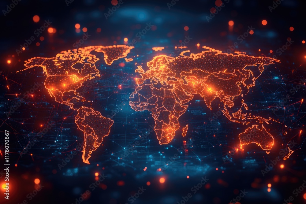 Fototapeta premium A detailed map of the world displayed on a dark background, ideal for use in presentations and designs where a subtle global focus is required
