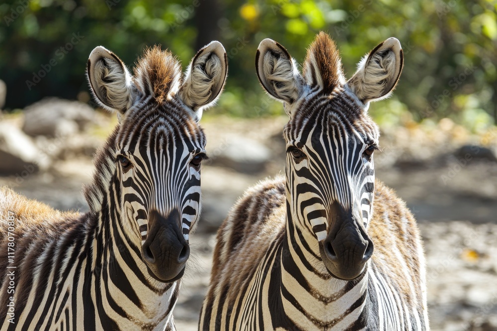Fototapeta premium Two zebras standing side by side in a natural setting