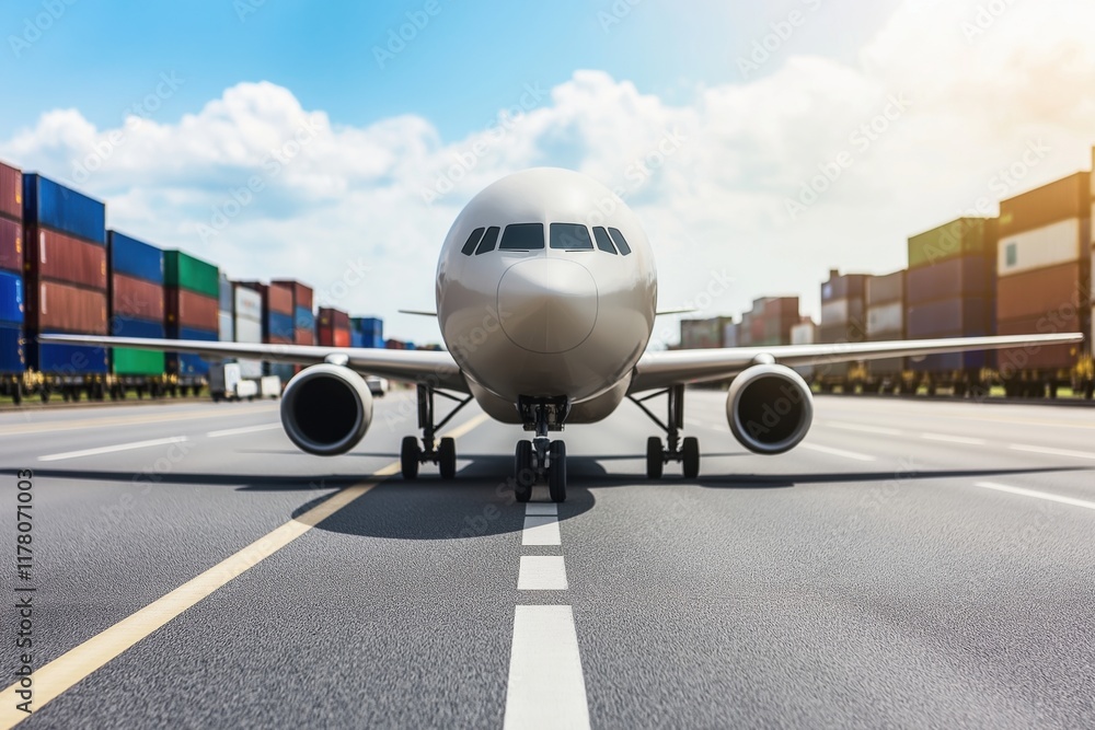 Fototapeta premium Global logistics operations with cargo containers and freight aircraft on the runway