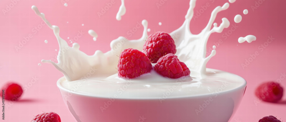 Raspberries create a dramatic splash in creamy milk on a vibrant pink background