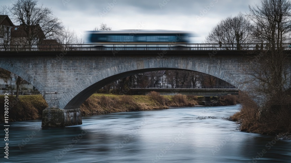 Fototapeta premium A train crossing a river on a bridge, great for transportation and infrastructure images