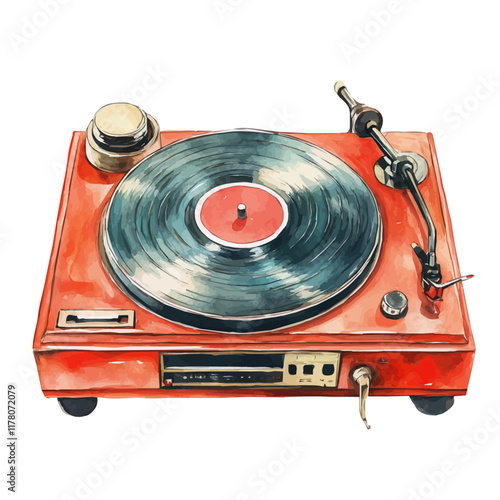 A watercolor clipart of a record player, isolated on a white background. Audio equipment vector.
