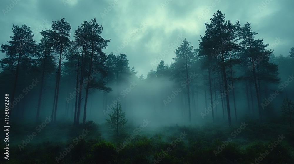 Fototapeta premium Enigmatic Foggy Forest Scene With Tall Trees