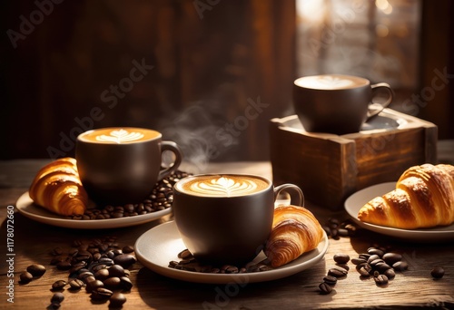 Wallpaper Mural warm inviting coffee arrangement featuring artfully designed mugs rustic table soft lighting enhanced ambiance, setup, artistic, cozy, ceramic, beverage, steam Torontodigital.ca