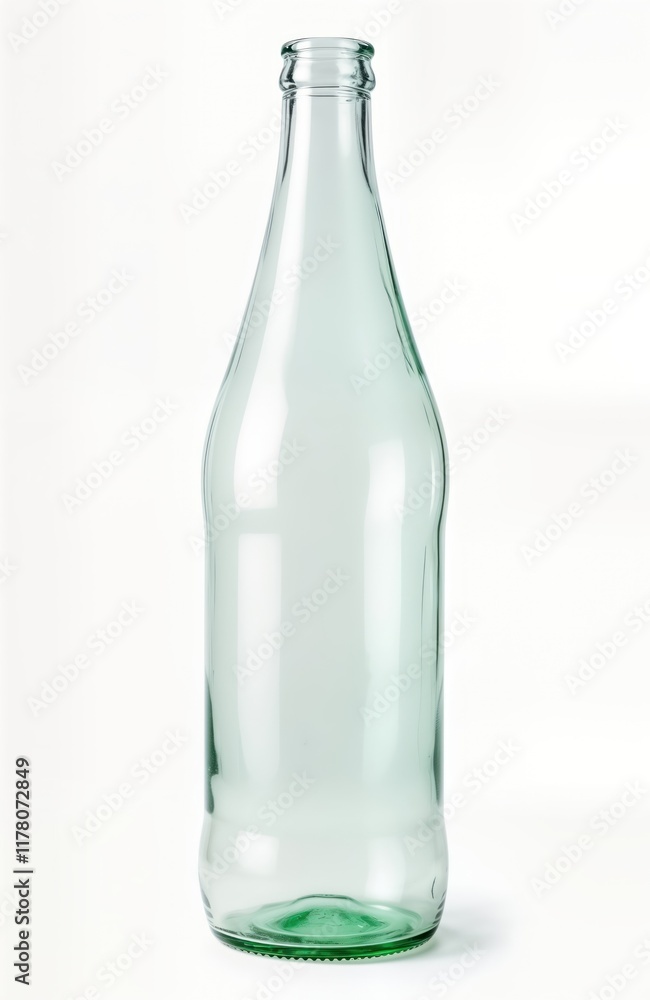 Empty glass bottle isolated on white background. Bottle transparent, light green tint. Bottle shows simple design suitable for various beverage food products. Image useful for food packaging design, Empty glass bottle isolated on white background. Bottle transparent, light green tint. Bottle shows simple design suitable for various beverage food products. Image useful for food packaging design,