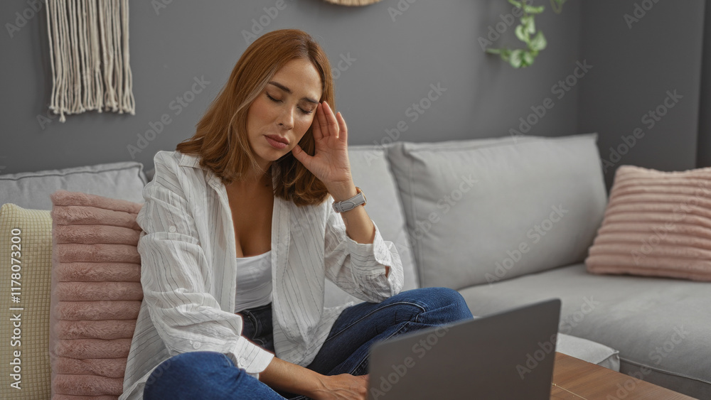 Young woman sitting in the living room of her apartment with a laptop looking thoughtful while holding her head, surrounded by cozy pillows on a gray sofa Young woman sitting in the living room of her apartment with a laptop looking thoughtful while holding her head, surrounded by cozy pillows on a gray sofa