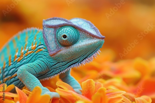 A bright blue chameleon perched on top of a colorful flower, perfect for use in illustrations or designs related to nature and wildlife photo