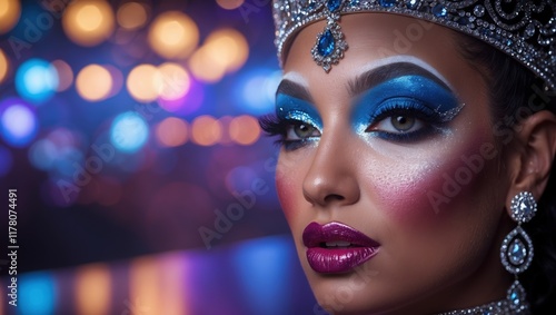 Striking Blue Glamour: Model with Crown in Vibrant Setting