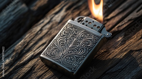 Silver metal lighter with flame on wood.