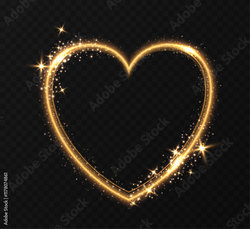 Golden heart with flashes highlighted on transparent background. Light up heart for holiday cards, banners, Valentine's Day. Neon glowing heart shape .