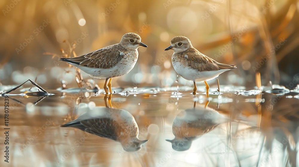 A Plover standing in shallow water, its reflection mirroring its delicate features, set against a backdrop of reeds and rippling water. A Plover standing in shallow water, its reflection mirroring its delicate features, set against a backdrop of reeds and rippling water.