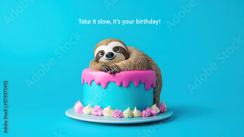 Cartoon sloth birthday card design featuring cute cake and festive elements