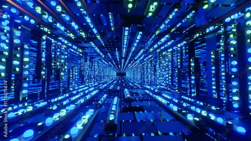 3D illustration of a tunnel with mirrored walls and blinking glowing neon blue lights 3D illustration of a tunnel with mirrored walls and blinking glowing neon blue lights