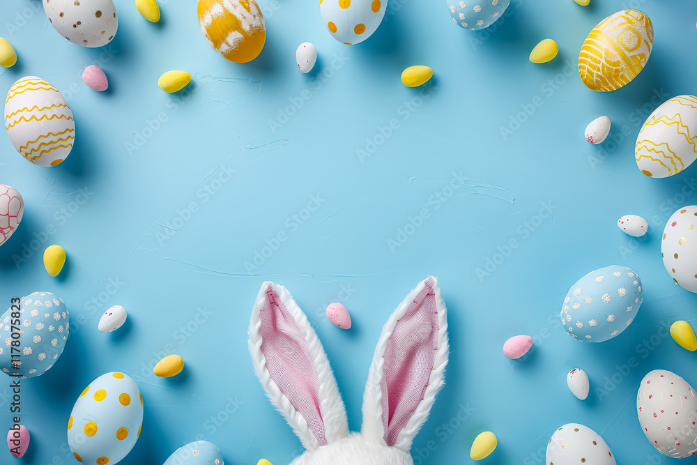 Bunny head with floppy ears is surrounded by a bunch of eggs. Bunny head with floppy ears is surrounded by a bunch of eggs.