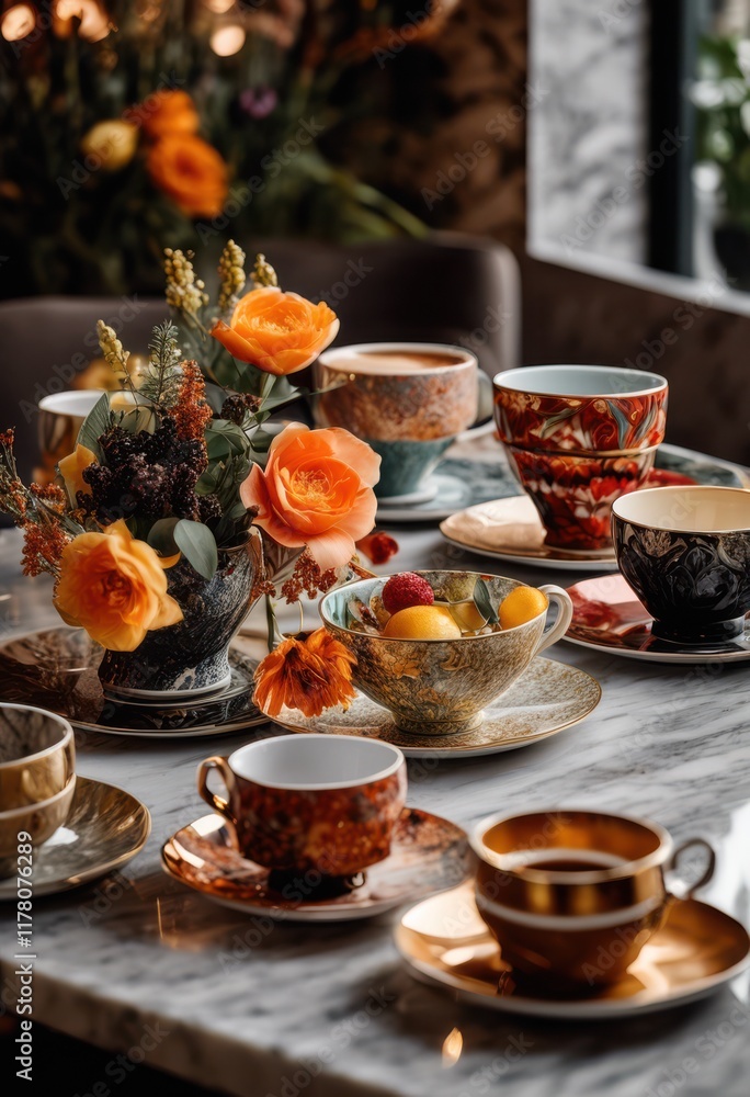 Fototapeta premium chic display unique mismatched beverage cups resting elegant table surface creating eye catching visual contrast, design, color, object, dishware, ceramic
