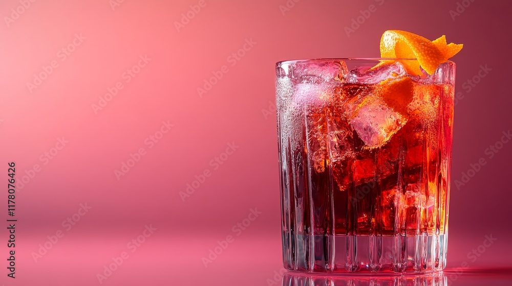 A vibrant Negroni cocktail served in a textured glass with ice and garnished with orange peel against a gradient pink background A vibrant Negroni cocktail served in a textured glass with ice and garnished with orange peel against a gradient pink background