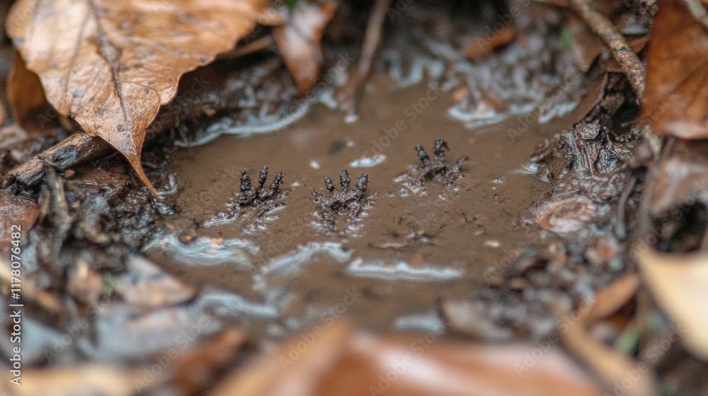 Animal tracks in muddy puddle, fallen leaves. Animal tracks in muddy puddle, fallen leaves.