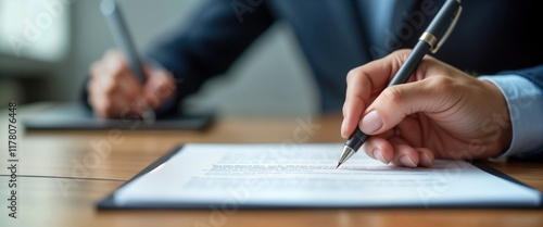 Person signs legal documents. Lawyer assists client in estate planning., trust documents prepared. People focused on financial security, legacy. Legal expert guides client through transfer process.