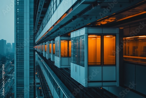 Close-up of maglev train carriages with glowing orange windows, showcasing a minimalistic architectural design against a city backdrop photo