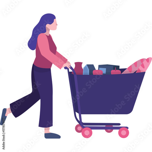 Vector woman with shopping cart icon isolated