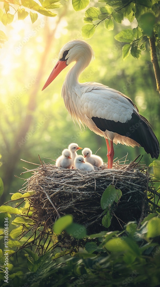 Fototapeta premium Stork with chicks in nest during sunrise.