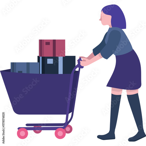 Vector woman pushing shopping cart icon isolated