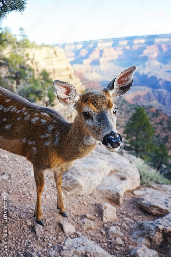 Fototapeta premium A deer stands on top of a rocky hillside, looking out at the landscape